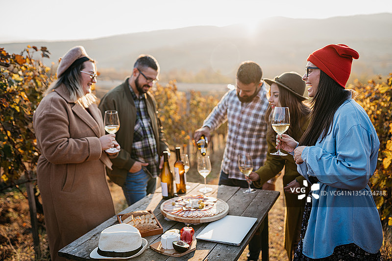 朋友们在葡萄园品尝葡萄酒图片素材