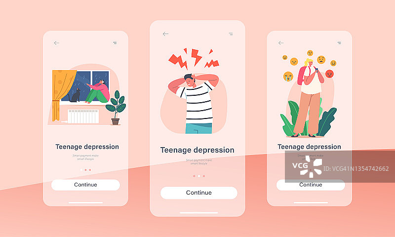青少年抑郁症手机应用页面板载屏幕模板。抑郁和焦虑青少年与头痛的特征图片素材