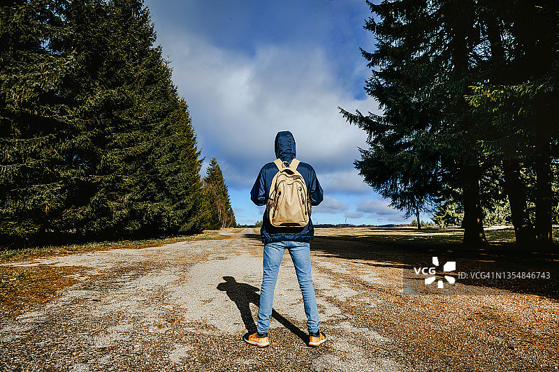 徒步者站在森林中的道路上图片素材