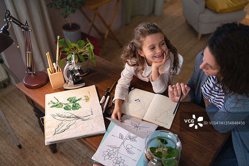 小女孩和母亲在家做生物项目，在家上学的高角度视图图片素材