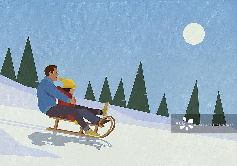 父女在雪地里玩雪橇图片素材