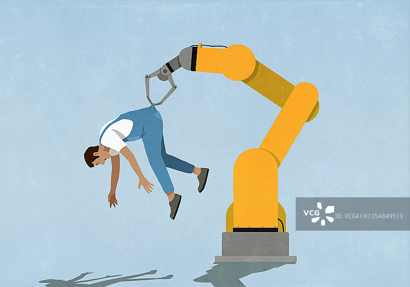 机械臂抓取穿工作服的男人图片素材