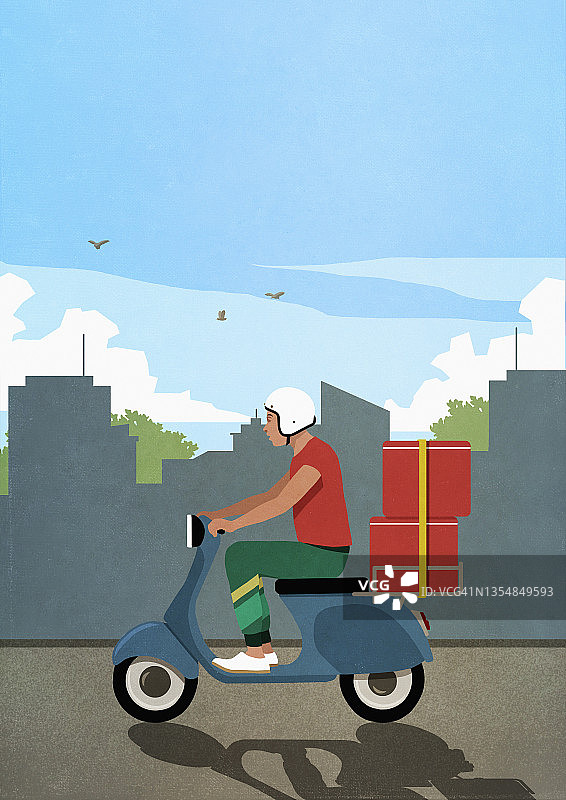 戴头盔驾驶带红色箱子的摩托车的男人图片素材