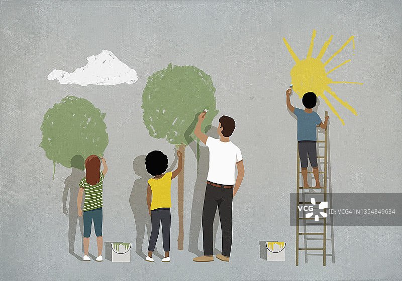 社区墙壁上的太阳和树木绘画图片素材