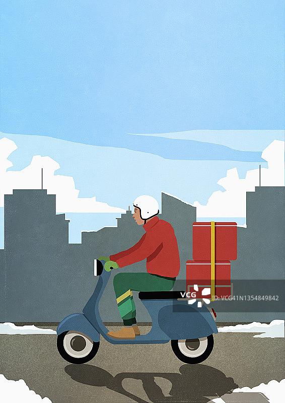 戴头盔驾驶带红色箱子的摩托车的男人图片素材