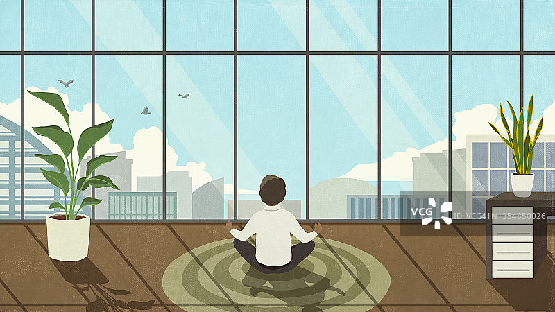 宁静的女人在高层办公室的窗边冥想图片素材