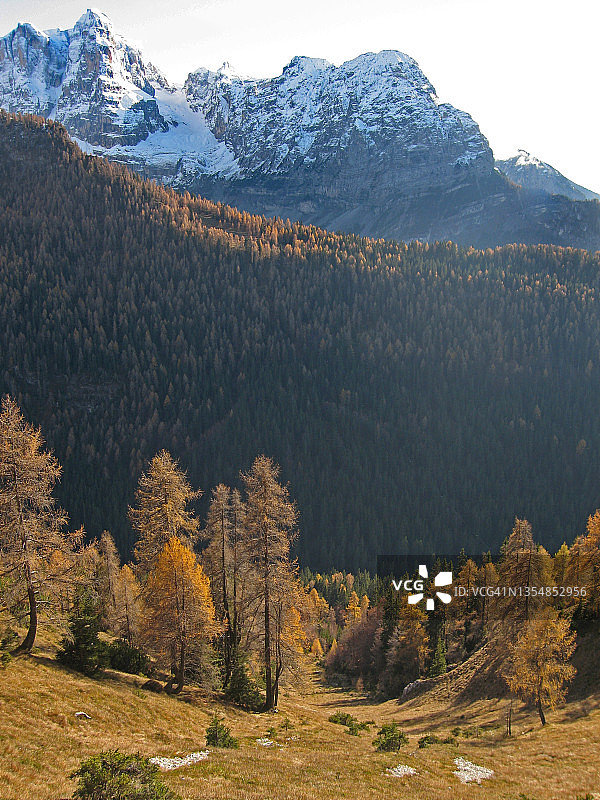 意大利特伦蒂诺，坎皮iglio圣母镇徒步旅行图片素材
