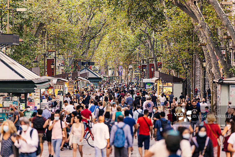 西班牙巴塞罗那兰布拉大街上行走的大量游客图片素材