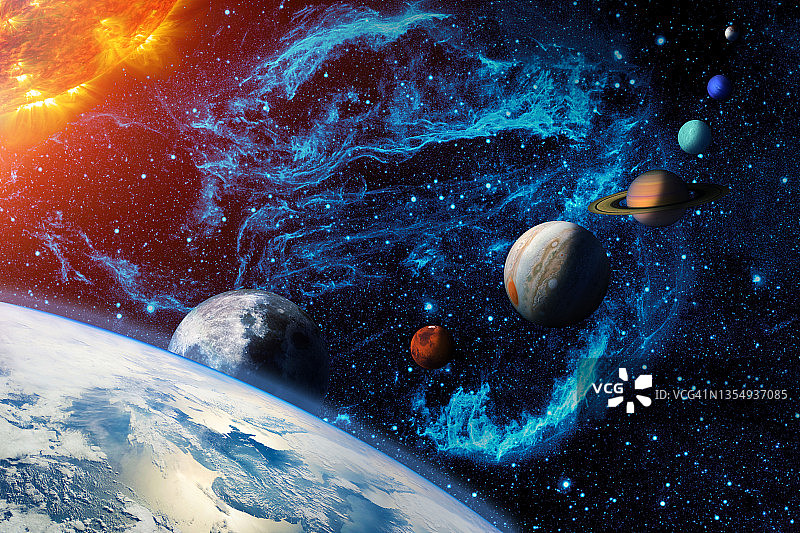 太阳系数字插画：太阳、地球、月球、火星、木星、土星、天王星、海王星和矮行星冥王星图片素材