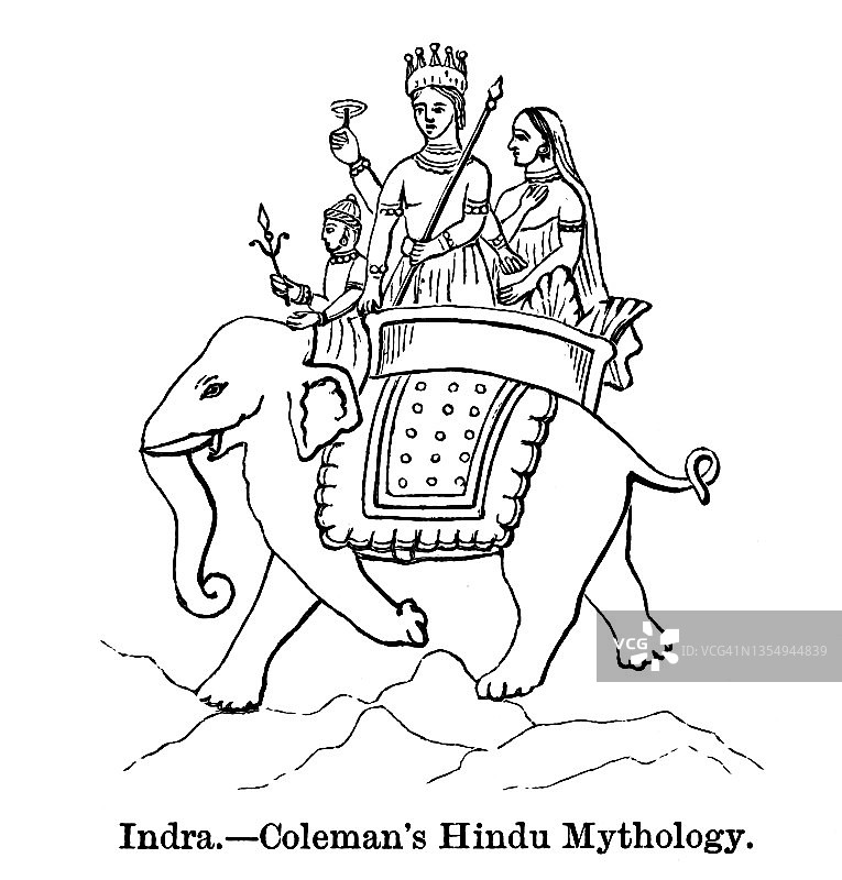 印度文化：印度教神话中众神之王因陀罗复古插画图片素材