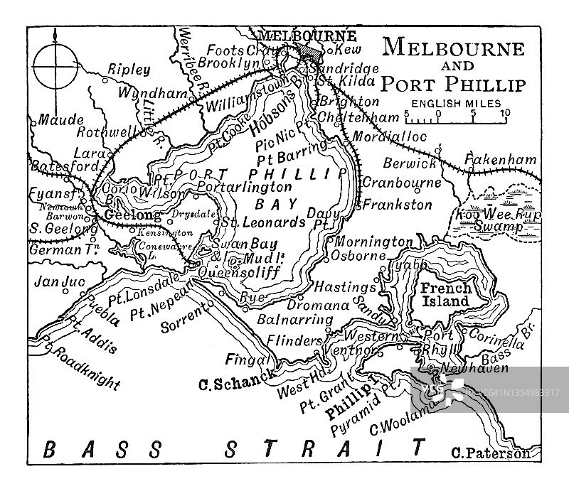 墨尔本和菲利普港古老雕刻地图图片素材