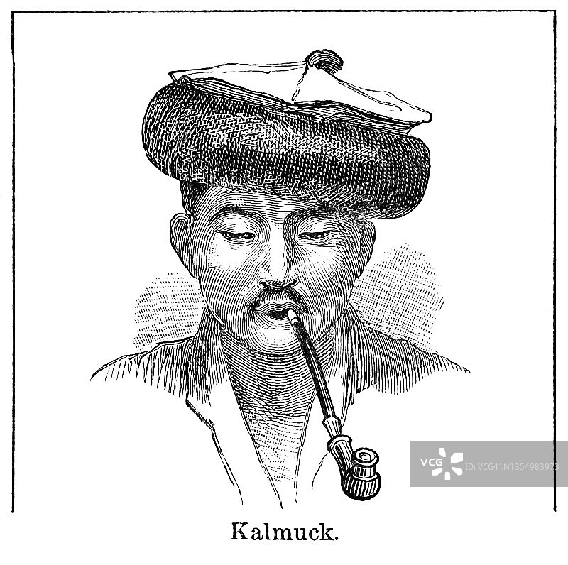 俄罗斯和吉尔吉斯斯坦的蒙古族分支卡尔梅克男子老式雕刻插图图片素材