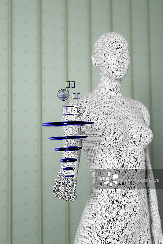 抽象人体模型手持悬浮圆盘和立方体的三维渲染图片素材