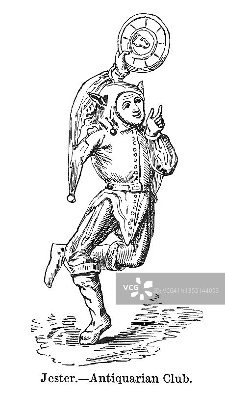 小丑的古老雕刻插图，他是贵族或君主家庭的成员，在中世纪和文艺复兴时期被雇用招待客人图片素材