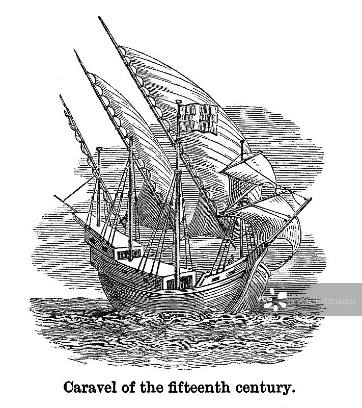 15世纪卡拉维尔帆船古董雕刻插图图片素材