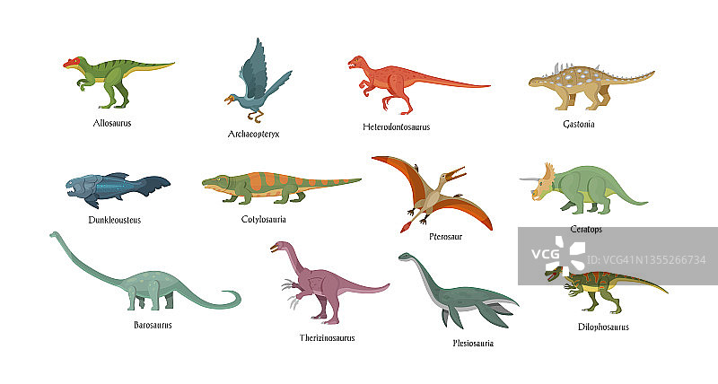 史前动物合集：古代鸟类、鱼类、恐龙、两栖动物名称图片素材