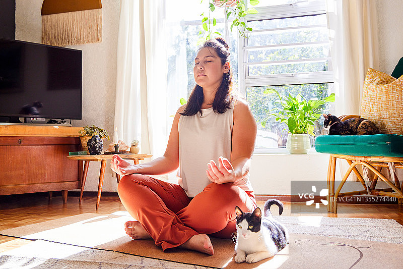 一位迷人的年轻女子和她的猫坐在垫子上，在家冥想全身照图片素材