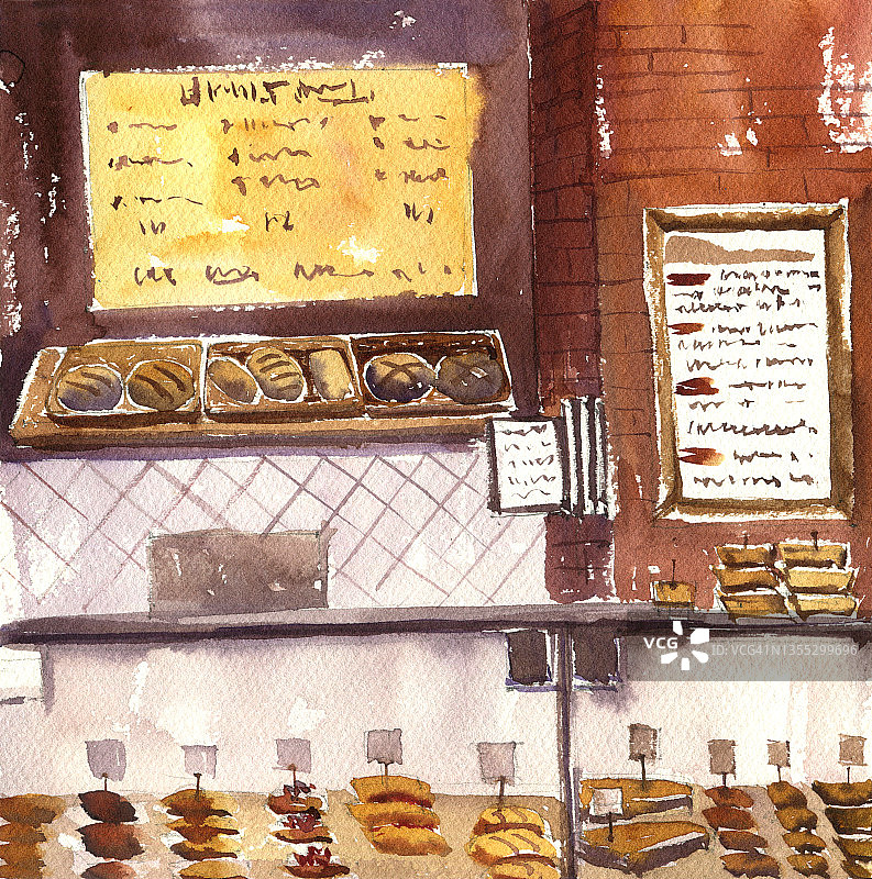 水彩绘画：咖啡馆内景图片素材