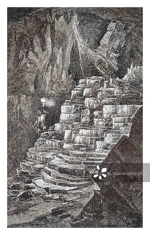 斯洛文尼亚什科茨扬溶洞雷卡河的古老雕刻插图图片素材