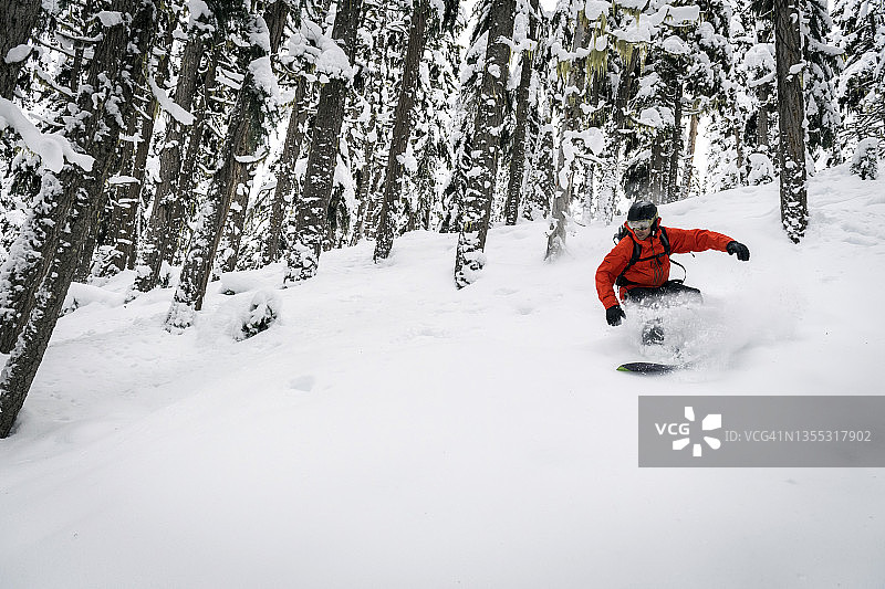 在滑雪道上用新鲜的粉末滑雪图片素材