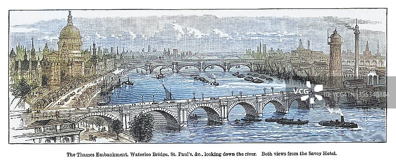 从萨伏伊酒店看到的伦敦全景老式雕刻插图图片素材