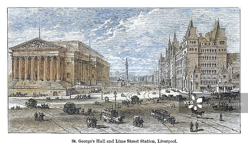 古董雕刻插图：利物浦圣乔治大厅和莱姆街车站图片素材