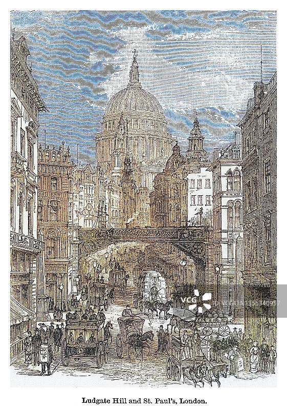 伦敦卢德 gate 山和圣保罗大教堂老式版画图片素材