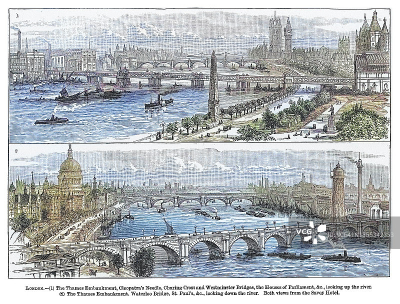 从萨伏伊酒店看到的伦敦全景老式雕刻插图图片素材