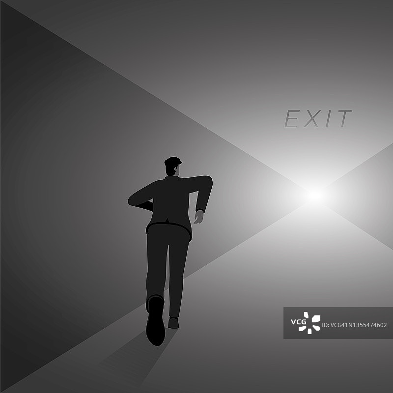 商务人士朝着隧道出口的光亮处奔跑，目标远大，寓意雄心、挑战、成就和动力，极简风格矢量插画图片素材