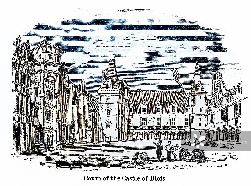老式雕刻插图：法国布卢瓦皇家城堡 कोर्ट图片素材