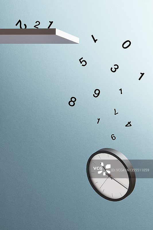 时钟从架子上掉落，数字从钟面上脱落图片素材