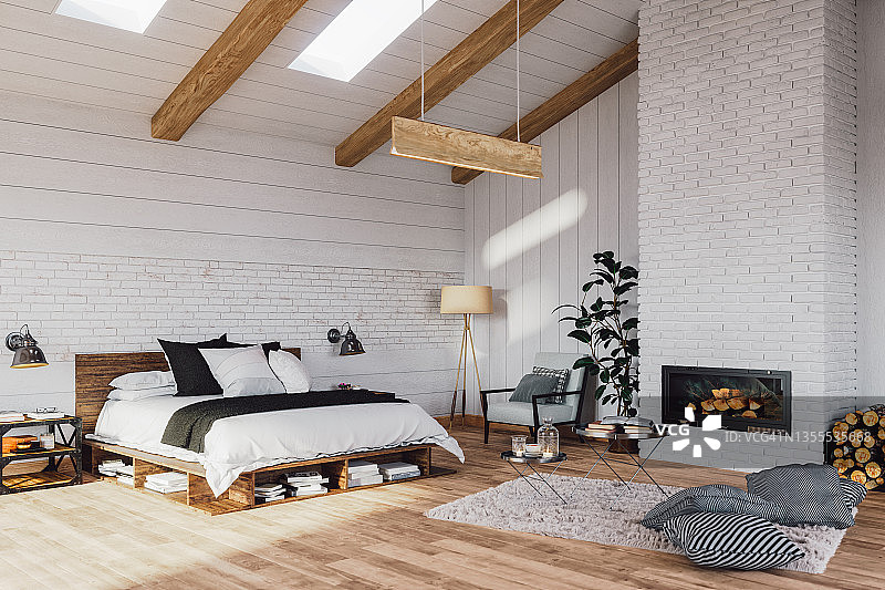 豪华乡村小屋中的斯堪的纳维亚卧室图片素材