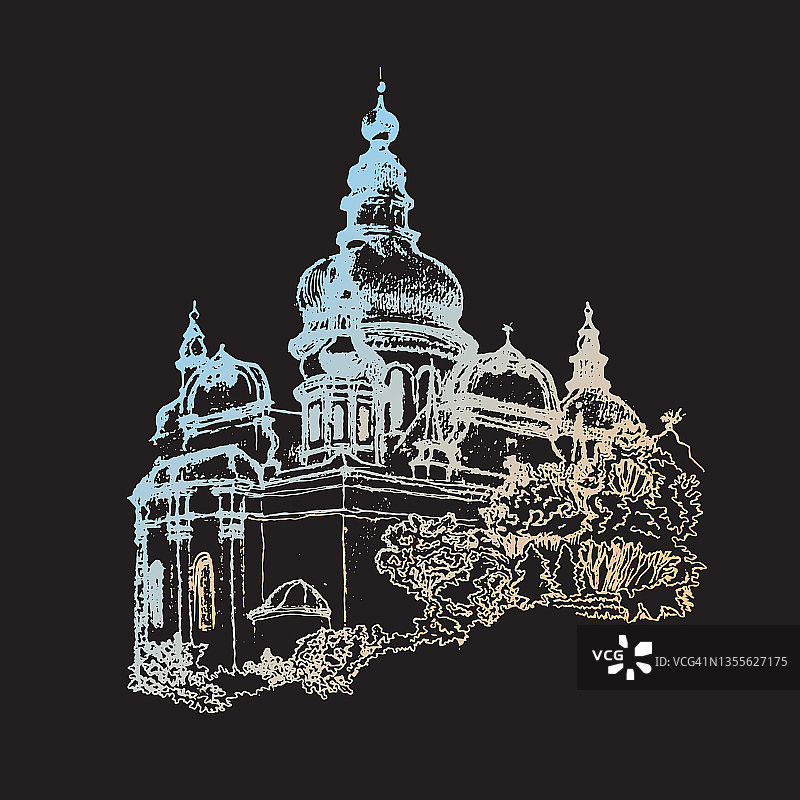 手绘建筑草图：乌克兰切尔尼戈夫古老的三位一体大教堂水墨手绘图片素材