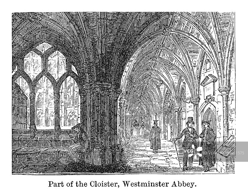 英国威斯敏斯特教堂回廊局部老式雕刻插图图片素材