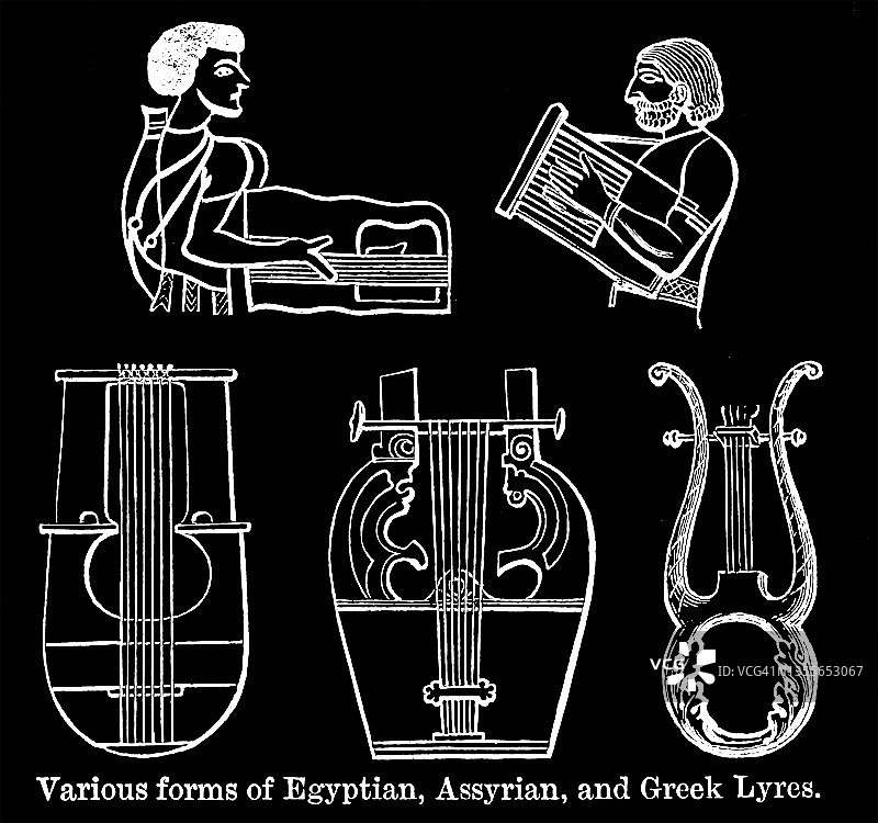 埃及、亚述和希腊的各种里拉琴古版画插图图片素材