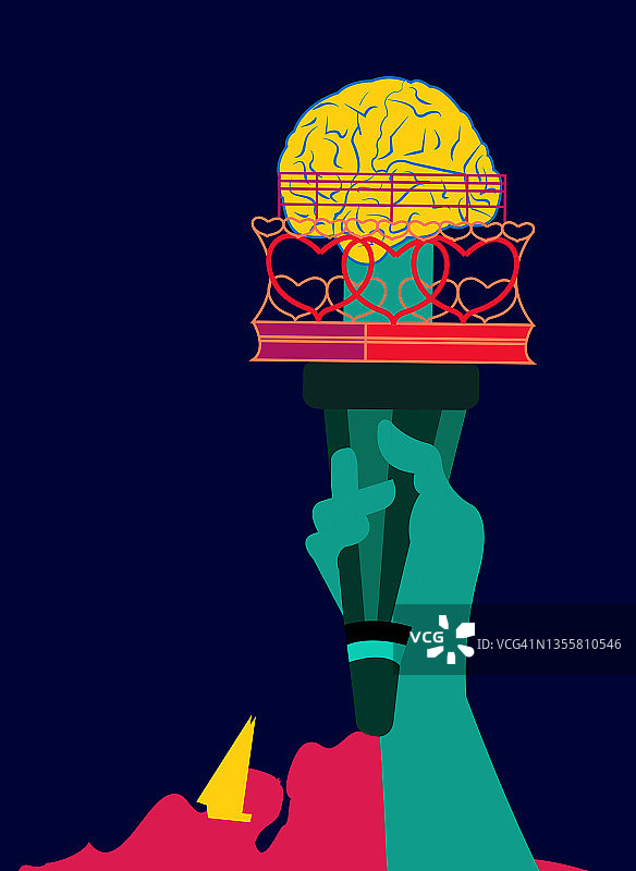 手持火炬的自由女神像插画，火焰为大脑图片素材