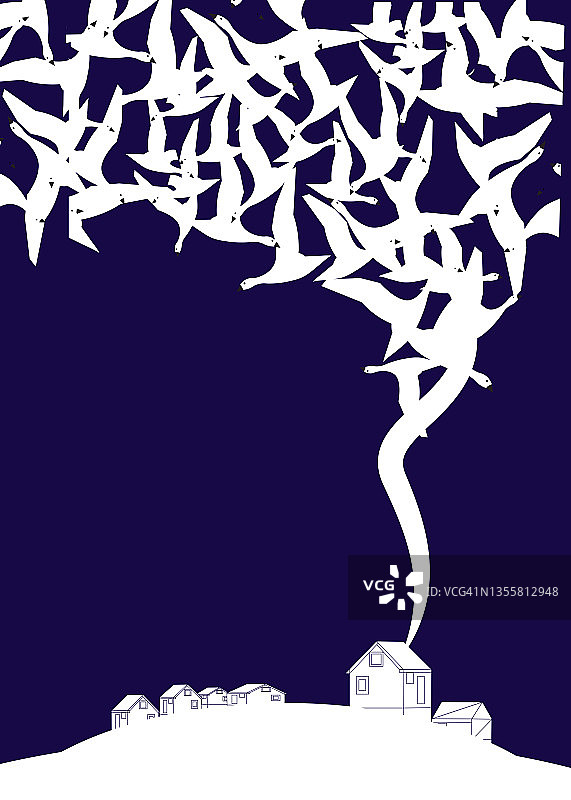 冬季房屋上空飞翔的鸟群插画图片素材