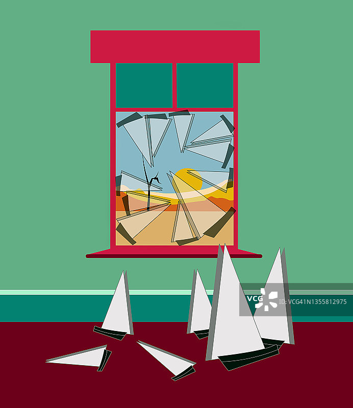 破碎的窗户与船形碎玻璃插画图片素材