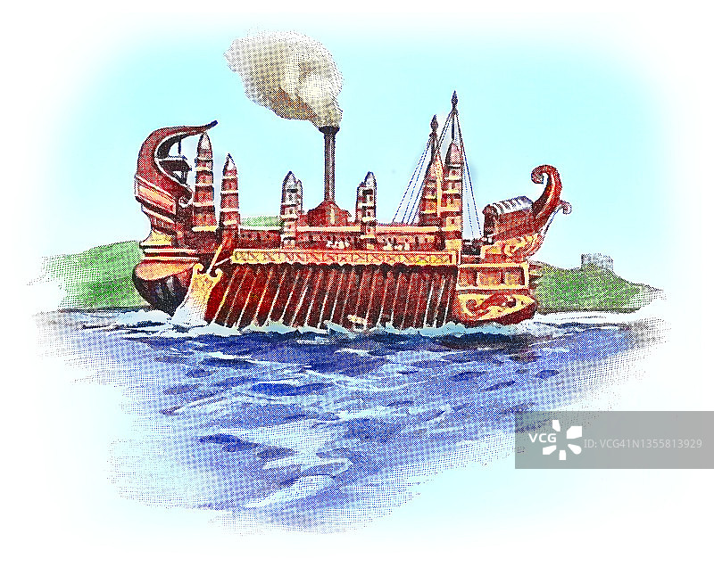 古希腊船只“锡拉库西亚”号古老雕刻插图图片素材