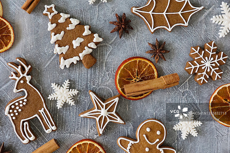 圣诞节主题海报，姜饼饼干，肉桂棒和柑橘切片图片素材