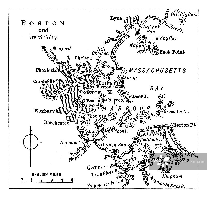马萨诸塞州波士顿市的古老雕刻地图图片素材
