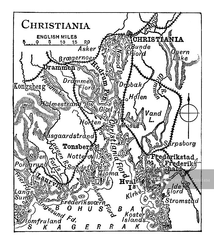 挪威奥斯陆（克里斯蒂安尼亚）老式雕刻地图图片素材