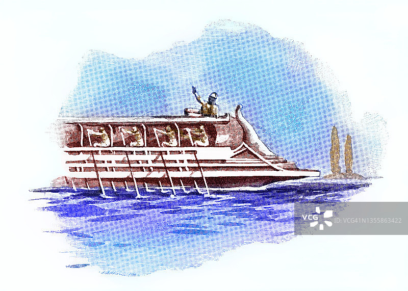 三列桨座战船：古希腊或罗马的战争船只古老雕刻插图图片素材