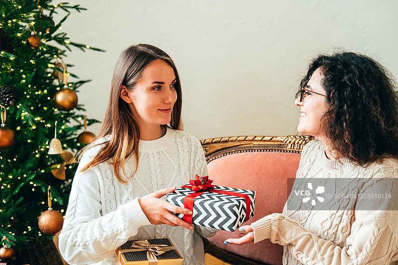 两名年轻女子在圣诞树旁互赠礼物图片素材