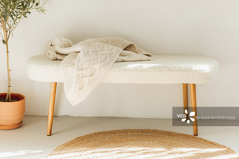 蓬松的毛皮长椅、柳条地毯和陶瓷花瓶中的橄榄树植物。图片素材