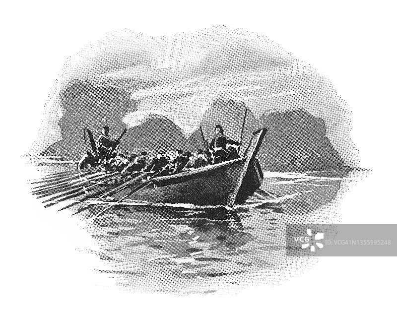 维京船雕刻插图图片素材