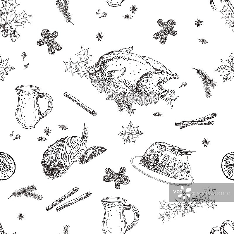 圣诞晚餐食物图案：烤火鸡、蛋酒、火腿、姜饼等图片素材