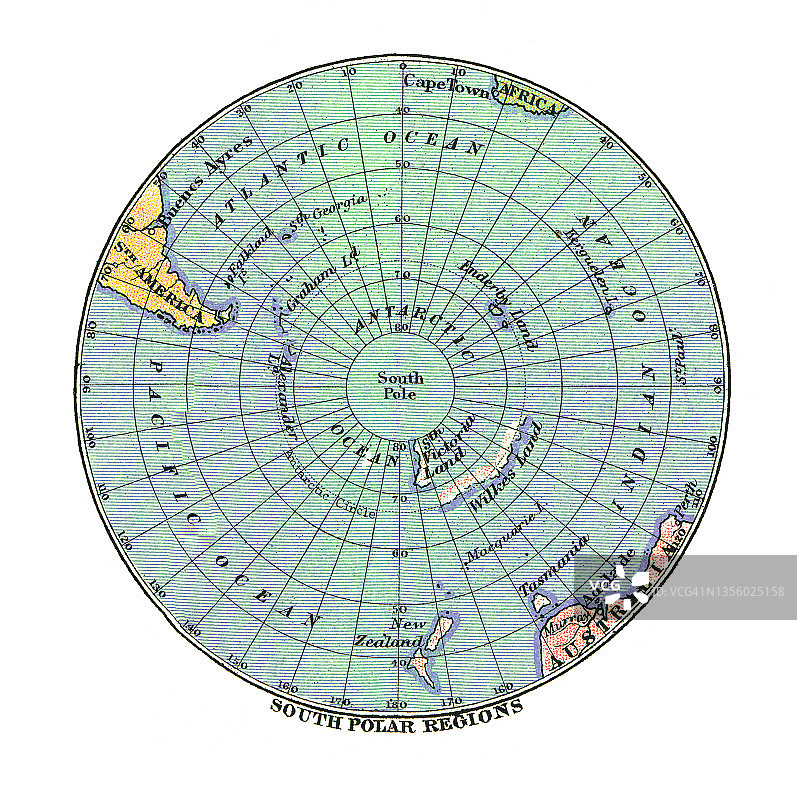 老式彩色石印南极地区地图图片素材
