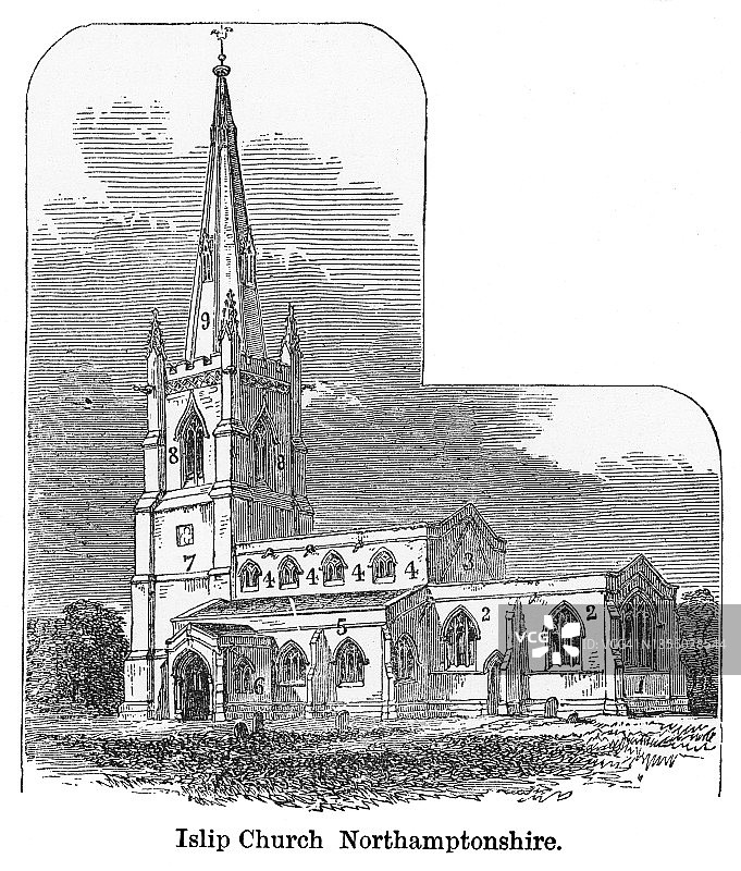 北安普敦郡伊斯利普圣尼古拉斯教堂古老雕刻插图图片素材