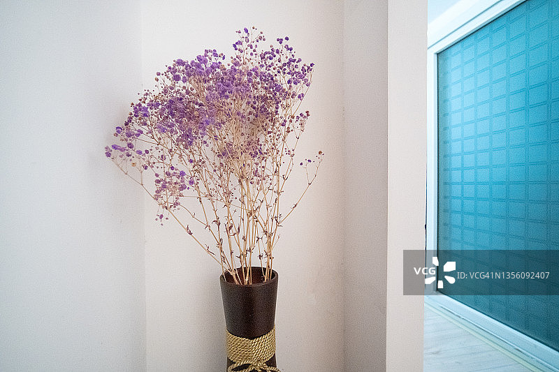 玻璃门旁花瓶里的一束紫色满天星图片素材